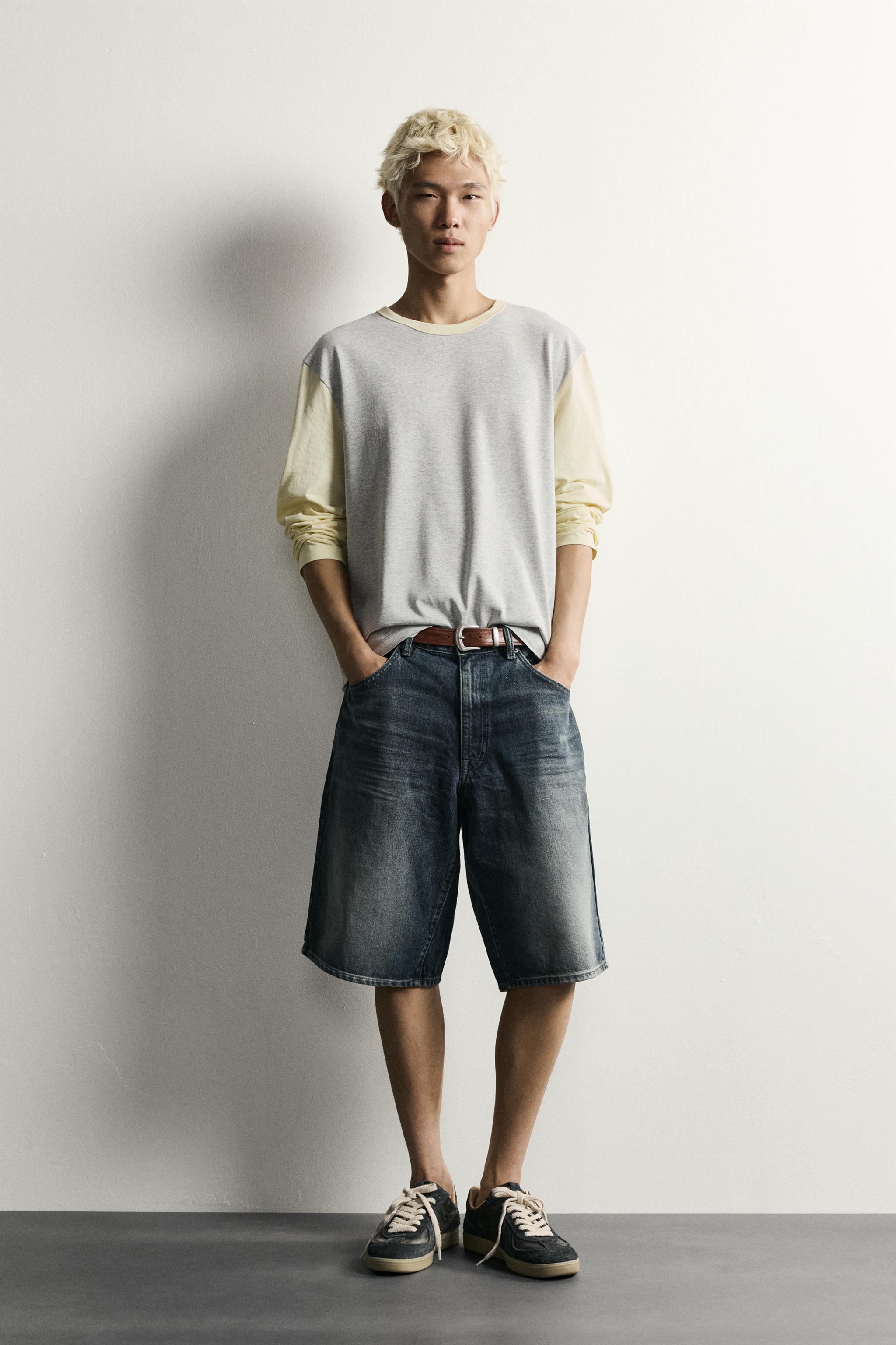 BAGGY FIT DENIM SHORTS WITH LEATHER POCKETS